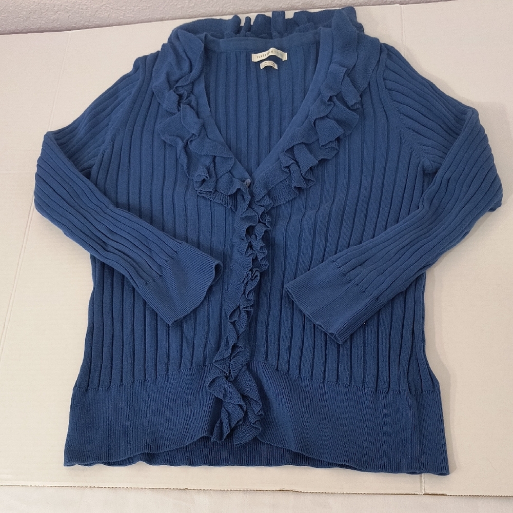 Van Heusen Ruffle Cotton Blue Stretch Ribbed Knit Cotton Sweater Medium